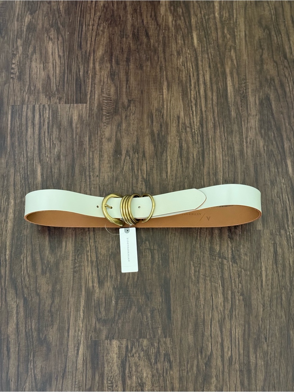 Anthropologie Cream Leather Belt with Gold Triple-Ring Buckle